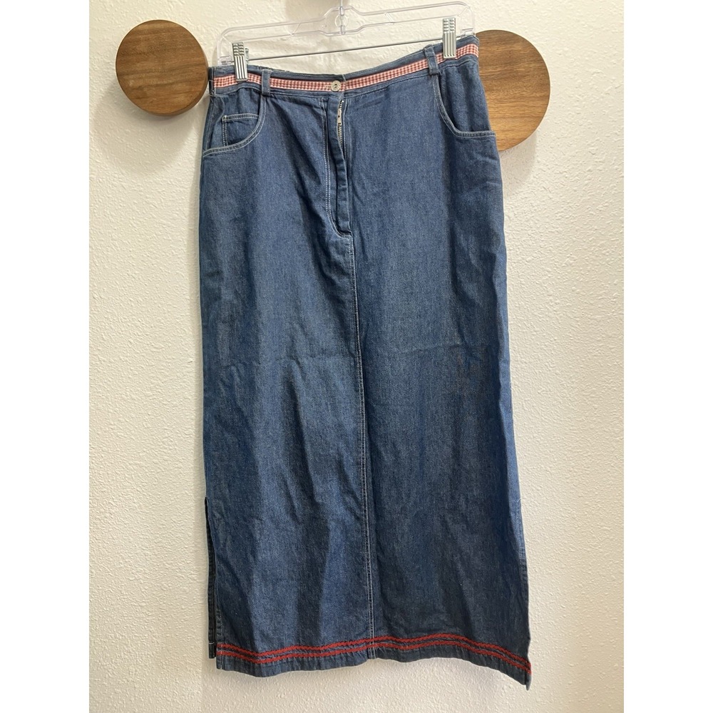 Capacity Vtg Denim Gingham Midi Skirt Small Farm Girl Cottagecore Picniccore